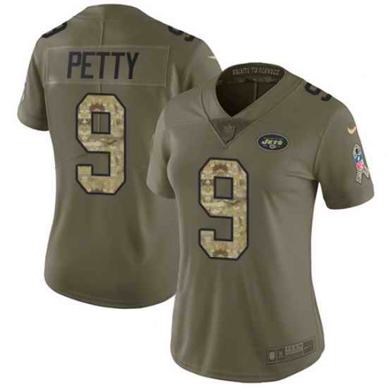 Nike Jets #9 Bryce Petty Olive Camo Womens Stitched NFL Limited 2017 Salute to Service Jersey